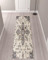 10' Ivory and Blue Medallion Power Loom Runner Rug
